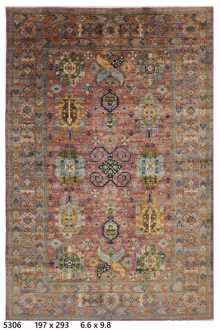 197 x 293 cm | Oriental Waziri Pink Area Rug Afghan Hand Knotted Veg Dye Wool carpet
