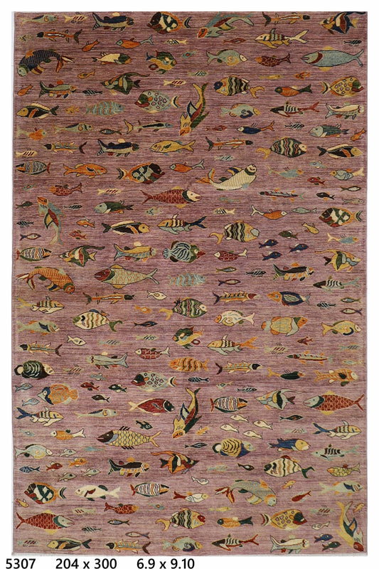 204 x 300 cm | Oriental Fish Pink Area Rug Afghan Hand Knotted Veg Dye Wool carpet