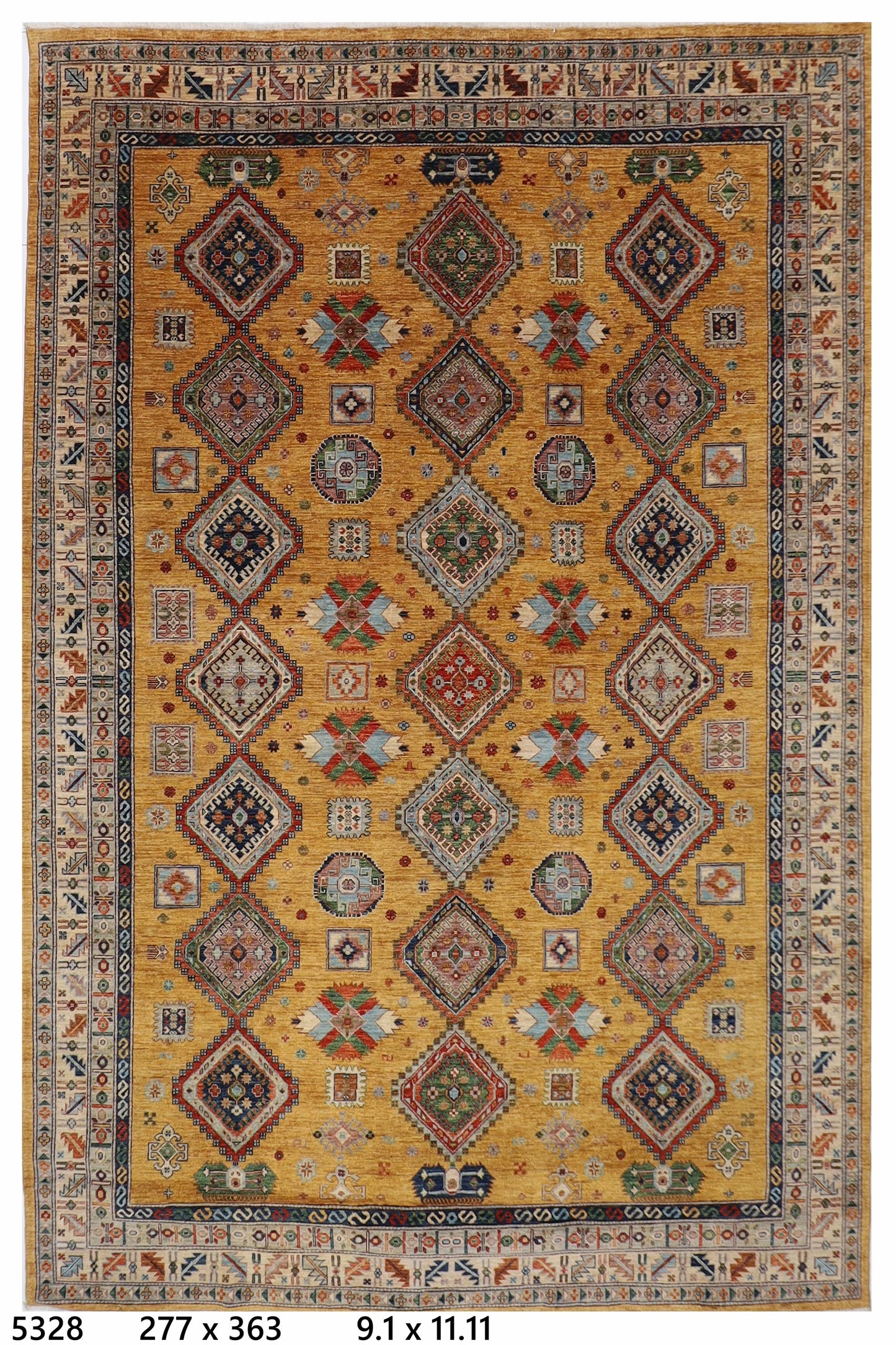 277 x 363 cm | Oriental Geometric Gold Area Rug Afghan Hand Knotted Veg Dye Wool carpet