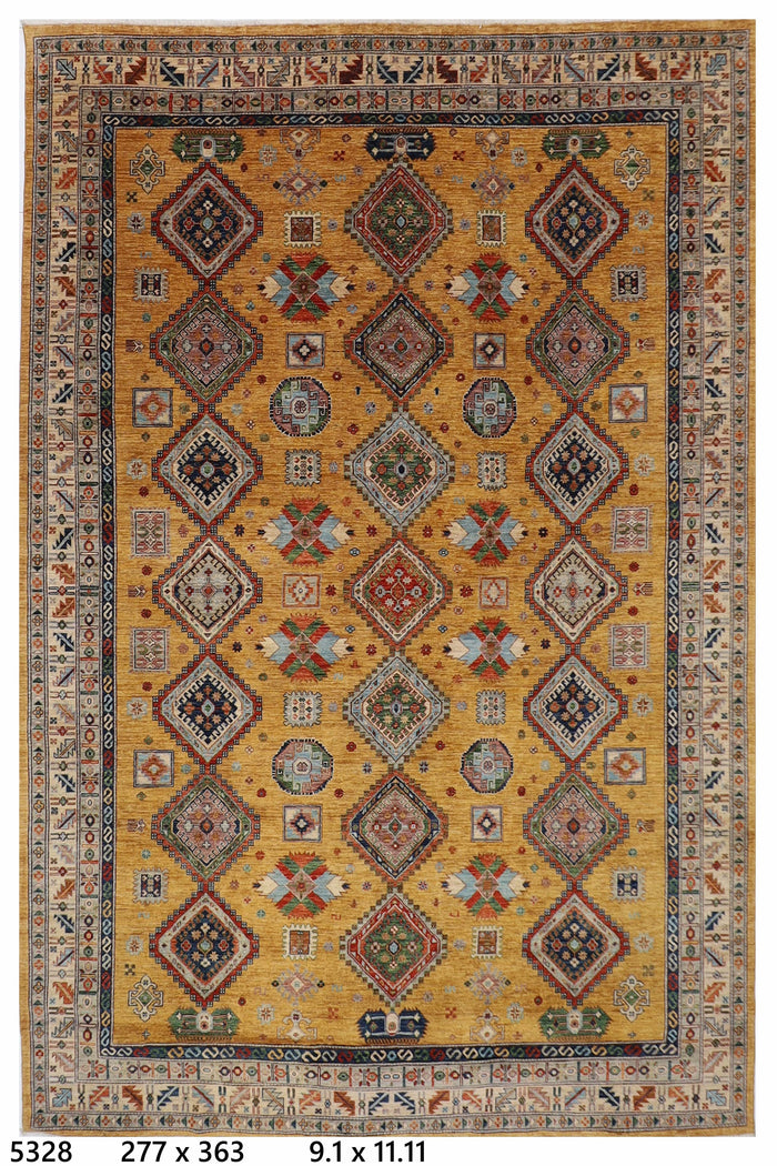 277 x 363 cm | Oriental Geometric Gold Area Rug Afghan Hand Knotted Veg Dye Wool carpet