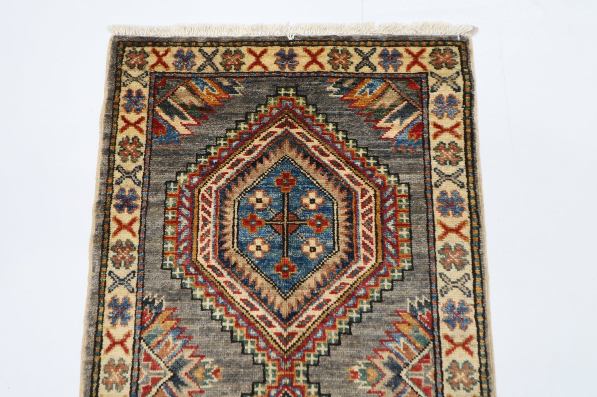 58 x 103 cm | Tribal Kazak gray Accent Rug Afghan Hand Knotted veg Dye Wool carpet - ART WOOL CARPET
