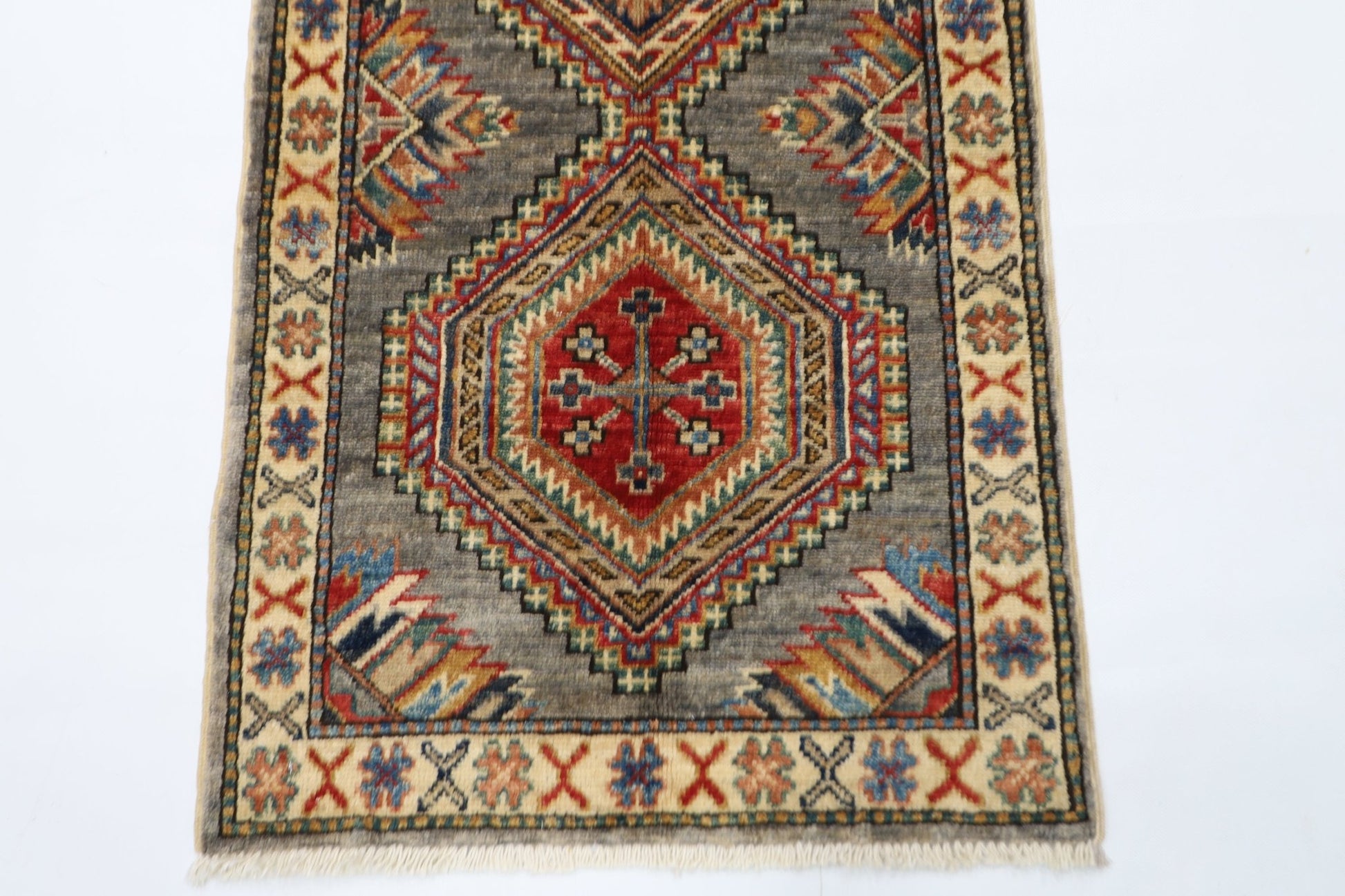 58 x 103 cm | Tribal Kazak gray Accent Rug Afghan Hand Knotted veg Dye Wool carpet - ART WOOL CARPET
