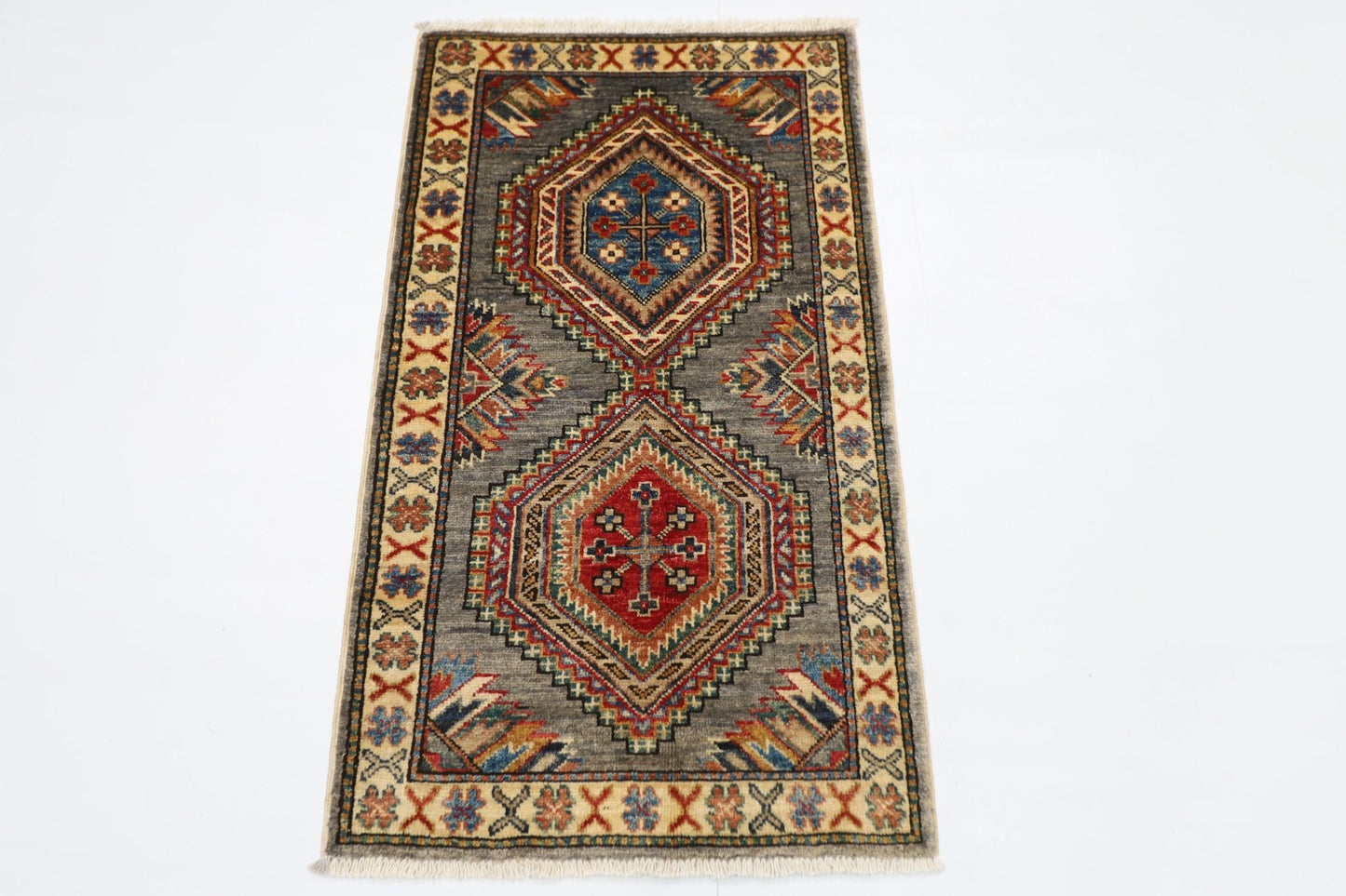 59 x 104 cm | Tribal Kazak gray Accent Rug Afghan Hand Knotted veg Dye Wool carpet - ART WOOL CARPET