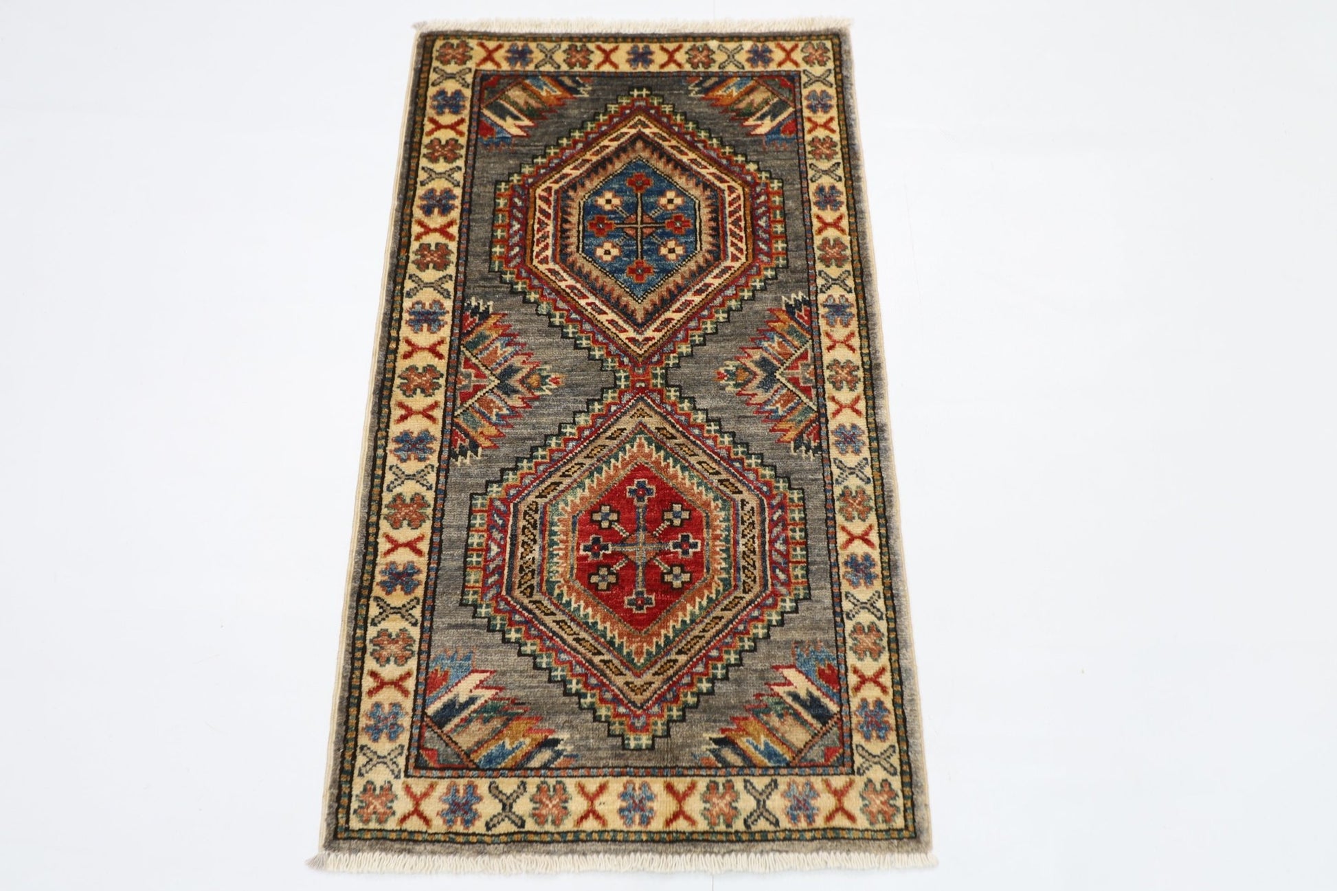 59 x 104 cm | Tribal Kazak gray Accent Rug Afghan Hand Knotted veg Dye Wool carpet - ART WOOL CARPET