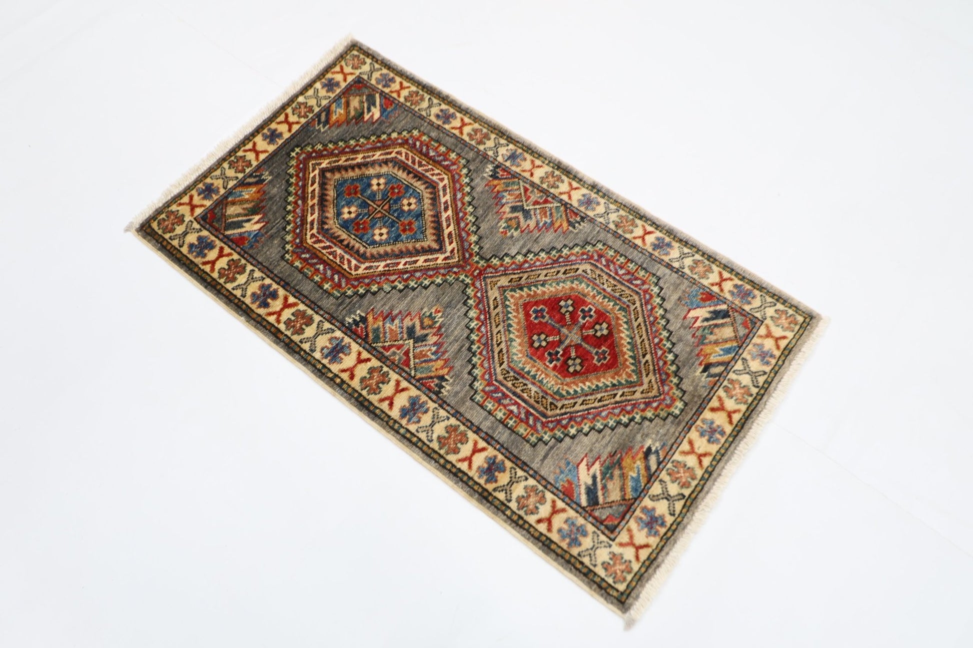 59 x 104 cm | Tribal Kazak gray Accent Rug Afghan Hand Knotted veg Dye Wool carpet - ART WOOL CARPET