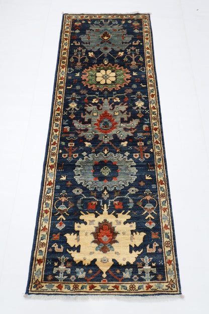 65 x 180 cm | Tribal Blue Runner Rug Afghan Hand Knotted veg Dye Wool carpet - ART WOOL CARPET