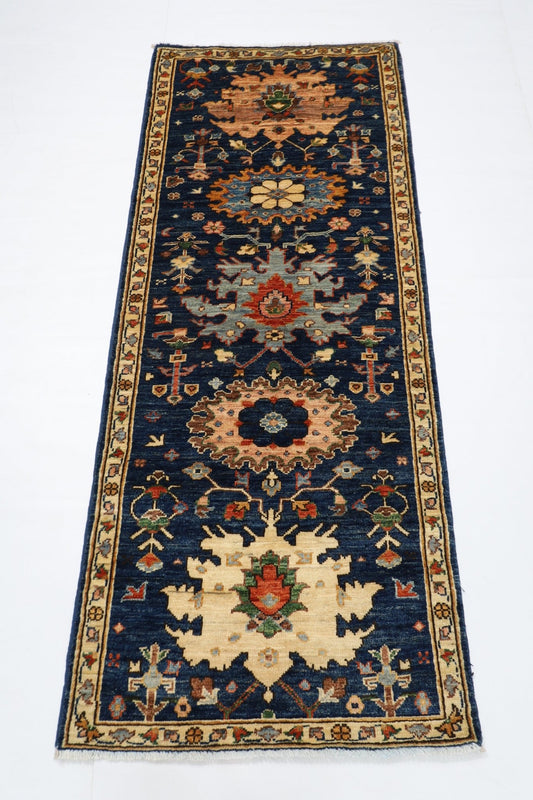 72 x 177 cm | Tribal Blue Runner Rug Afghan Hand Knotted veg Dye Wool carpet - ART WOOL CARPET