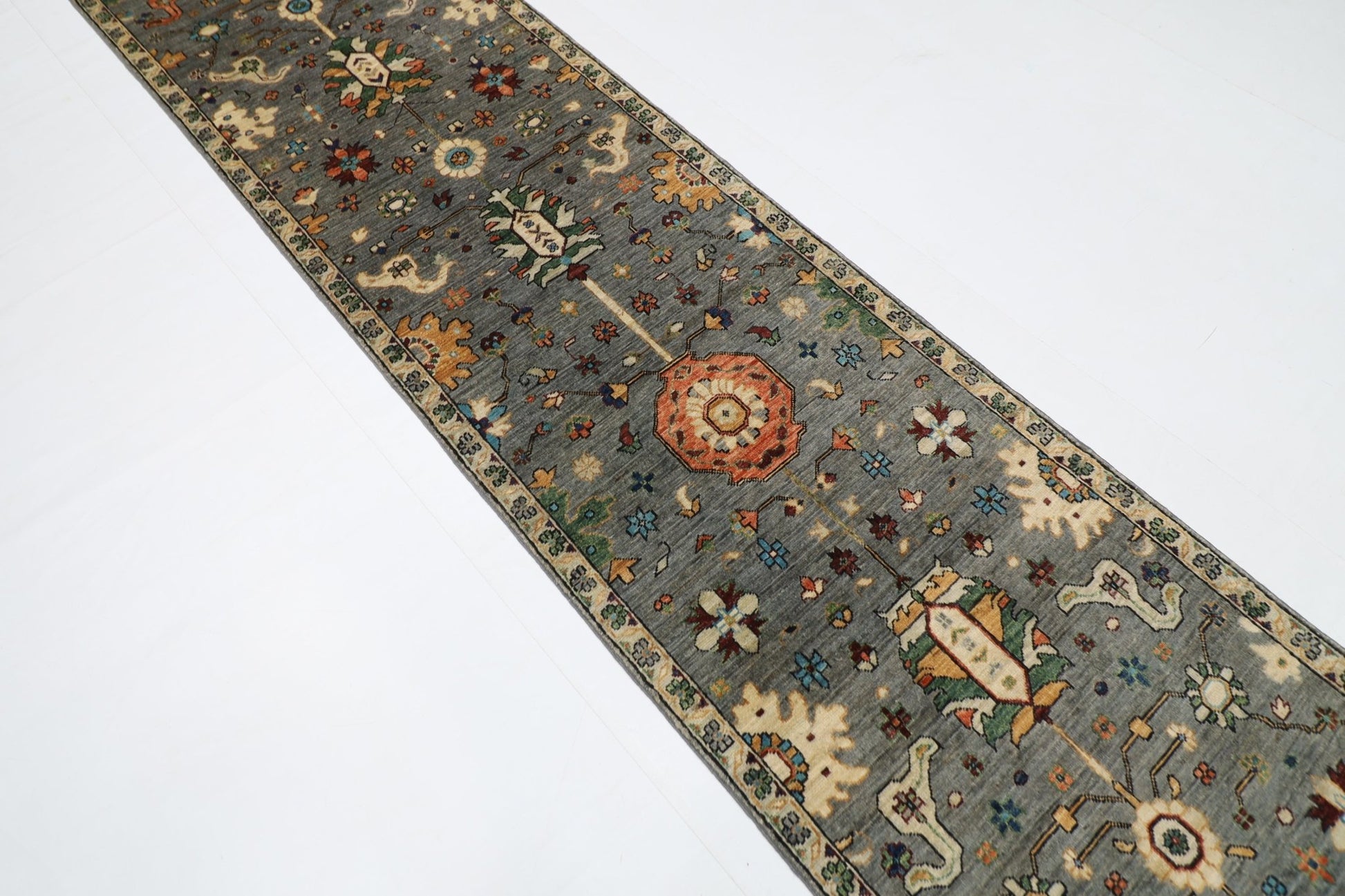 80 x 431 cm | Oriental Gray Runner Rug Afghan Hand Knotted Veg Dye Wool carpet - ART WOOL CARPET