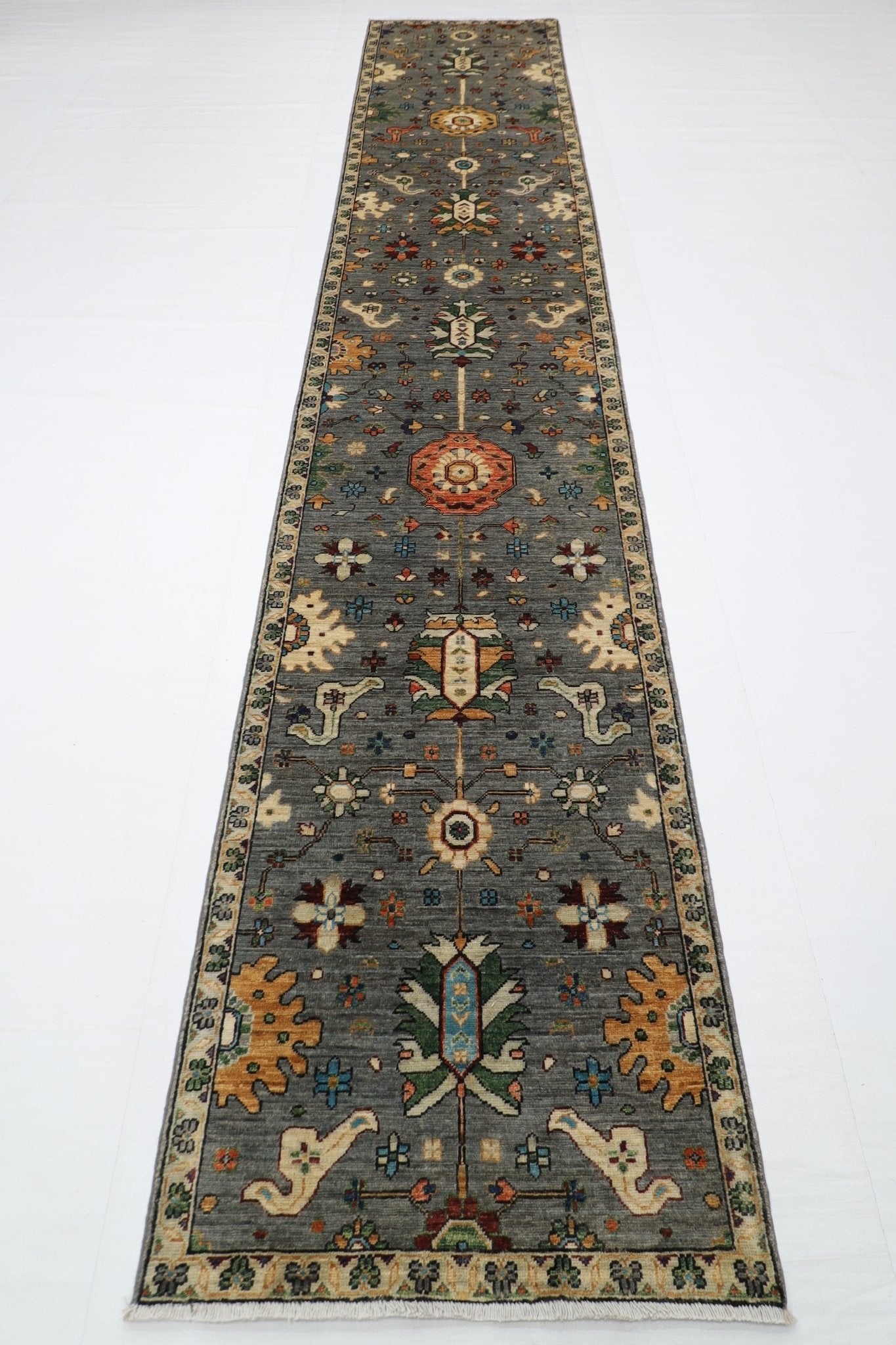 80 x 431 cm | Oriental Gray Runner Rug Afghan Hand Knotted Veg Dye Wool carpet - ART WOOL CARPET