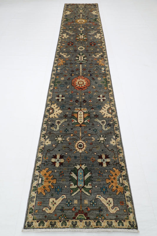 80 x 431 cm | Oriental Gray Runner Rug Afghan Hand Knotted Veg Dye Wool carpet - ART WOOL CARPET