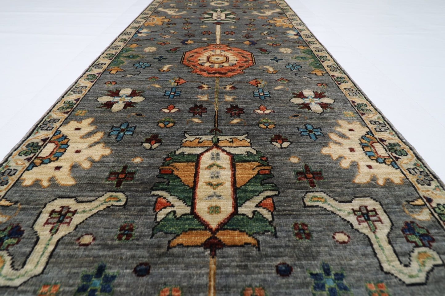 80 x 431 cm | Oriental Gray Runner Rug Afghan Hand Knotted Veg Dye Wool carpet - ART WOOL CARPET