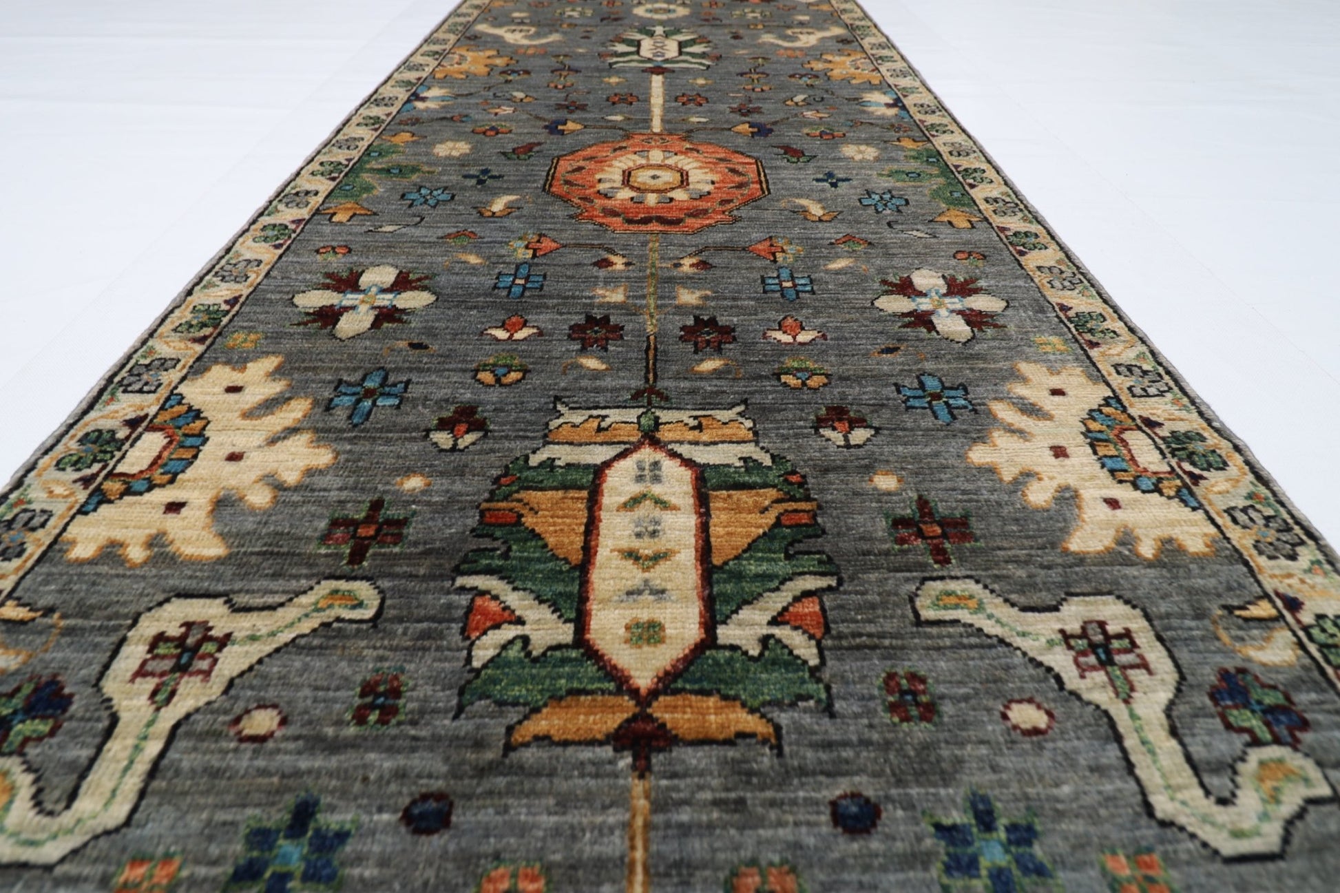 80 x 431 cm | Oriental Gray Runner Rug Afghan Hand Knotted Veg Dye Wool carpet - ART WOOL CARPET