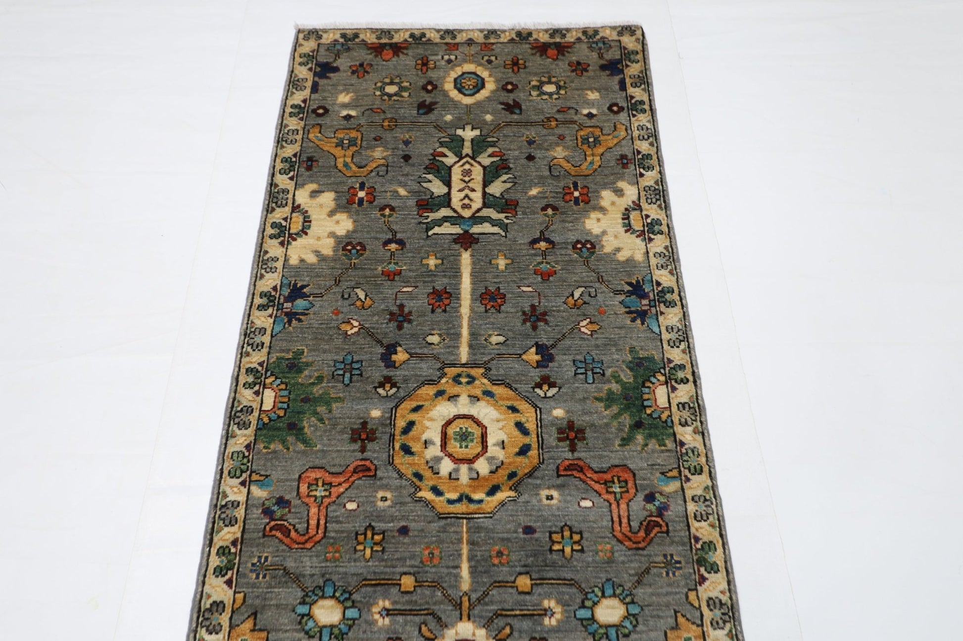 80 x 431 cm | Oriental Gray Runner Rug Afghan Hand Knotted Veg Dye Wool carpet - ART WOOL CARPET
