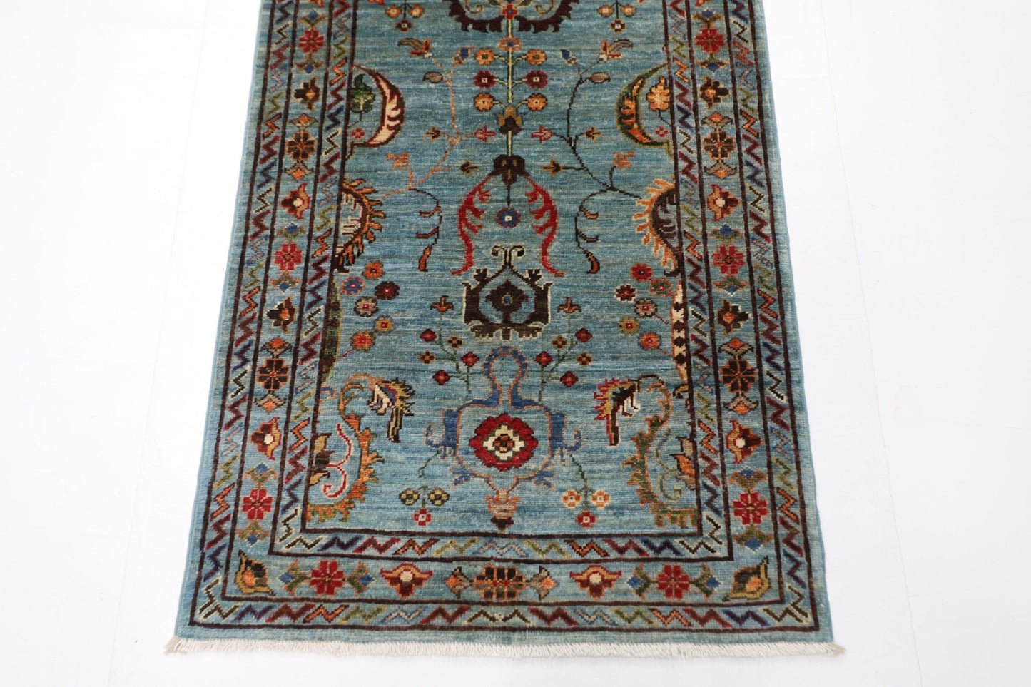 81 x 300 cm | Floral Gray Oriental Runner Rug Afghan Hand Knotted Veg Dye Wool carpet - ART WOOL CARPET
