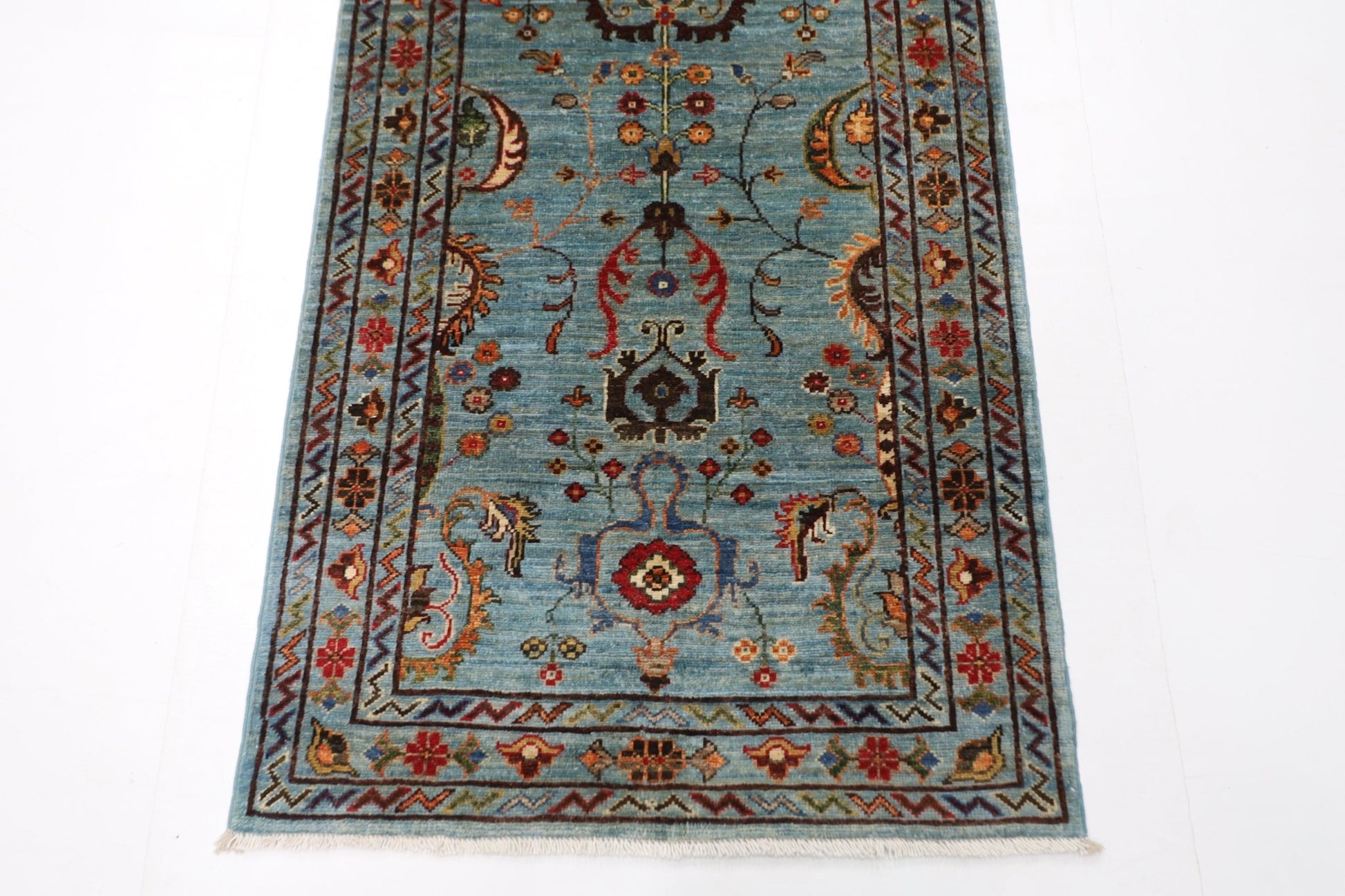 81 x 300 cm | Floral Gray Oriental Runner Rug Afghan Hand Knotted Veg Dye Wool carpet - ART WOOL CARPET