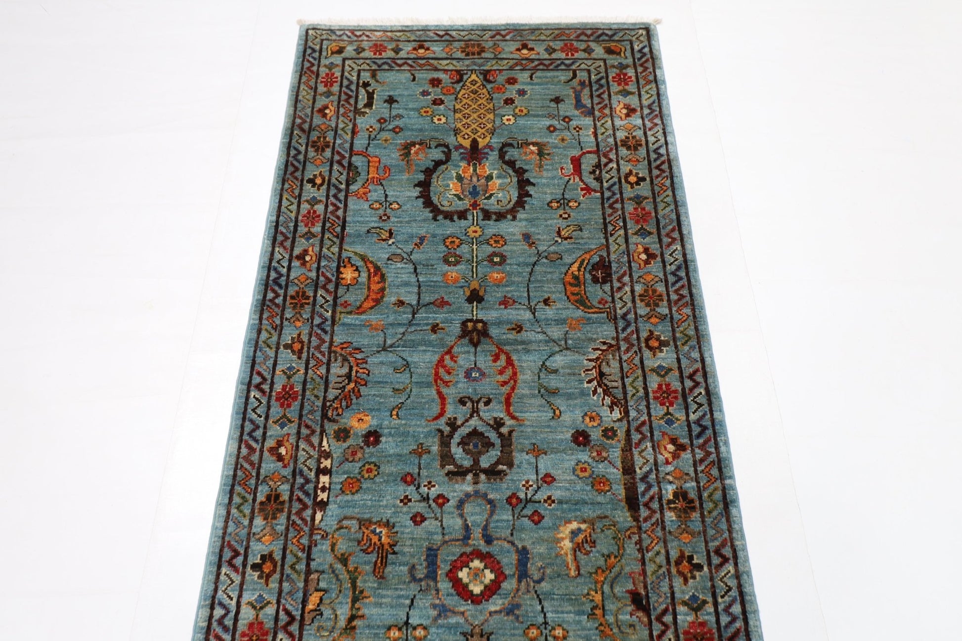 81 x 300 cm | Floral Gray Oriental Runner Rug Afghan Hand Knotted Veg Dye Wool carpet - ART WOOL CARPET