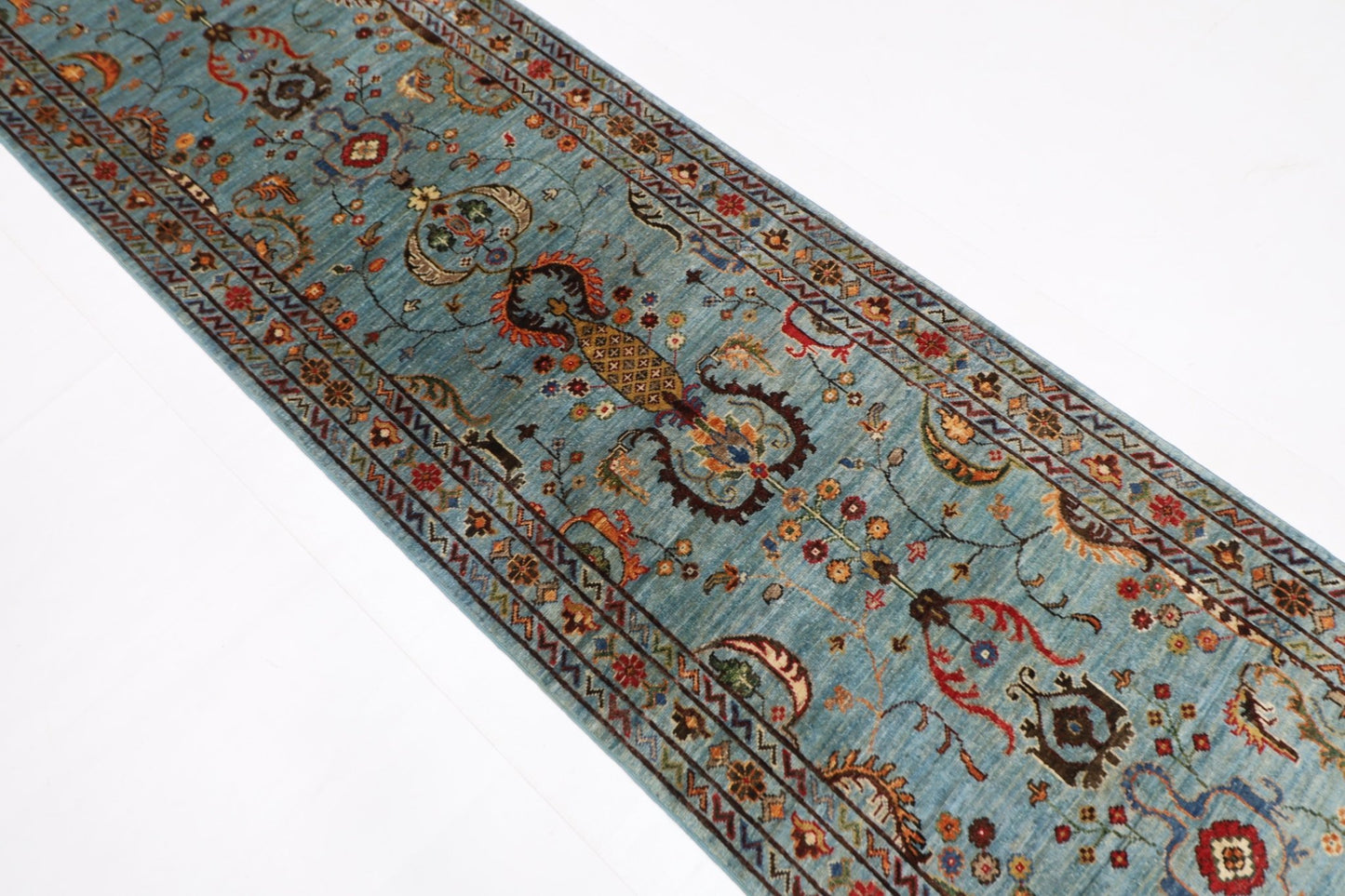 81 x 300 cm | Floral Gray Oriental Runner Rug Afghan Hand Knotted Veg Dye Wool carpet - ART WOOL CARPET