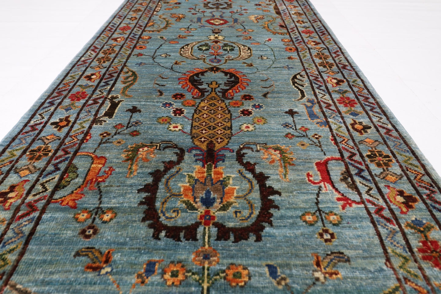 81 x 300 cm | Floral Gray Oriental Runner Rug Afghan Hand Knotted Veg Dye Wool carpet - ART WOOL CARPET