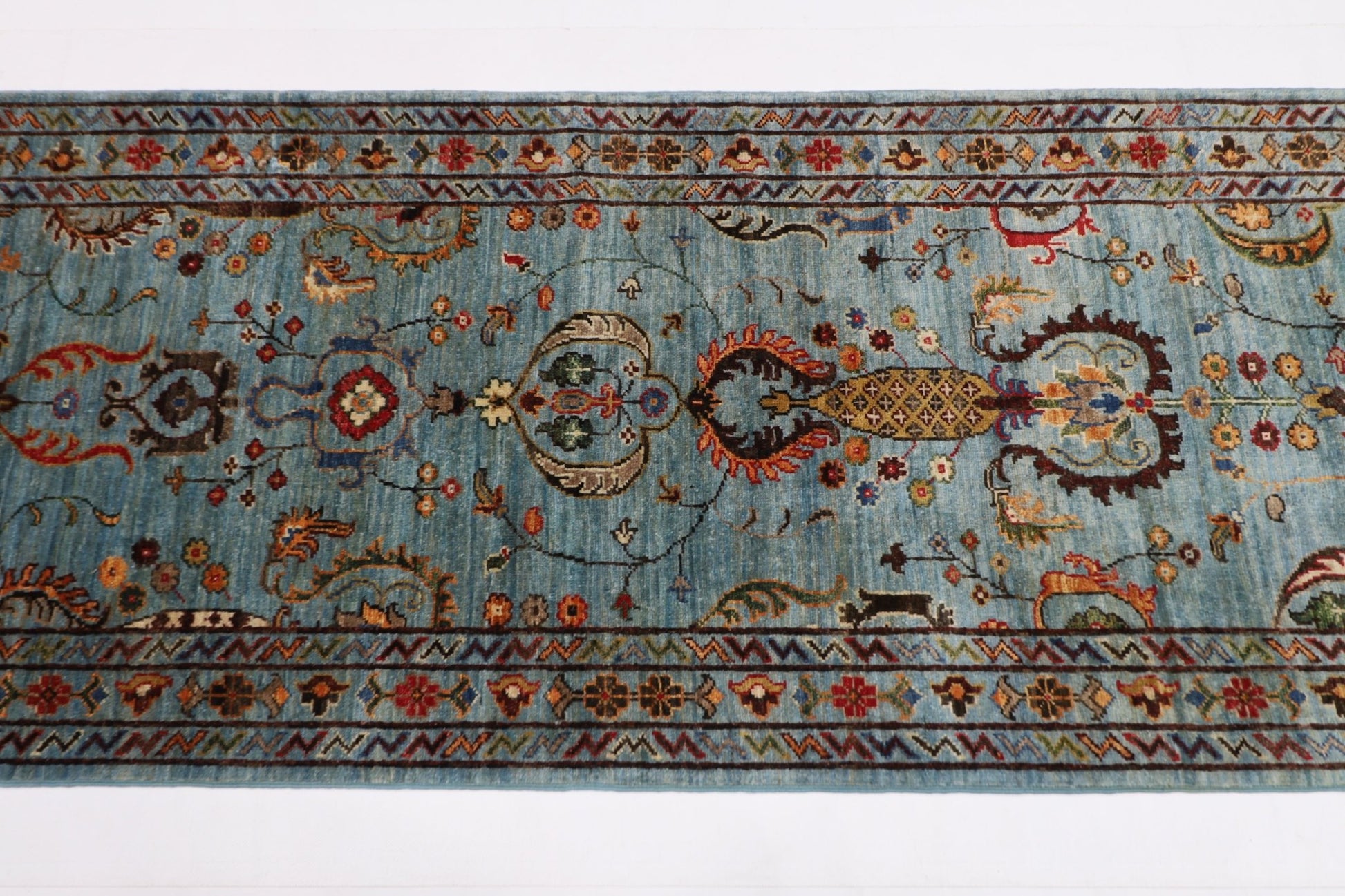 81 x 300 cm | Floral Gray Oriental Runner Rug Afghan Hand Knotted Veg Dye Wool carpet - ART WOOL CARPET