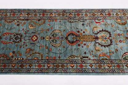 81 x 300 cm | Floral Gray Oriental Runner Rug Afghan Hand Knotted Veg Dye Wool carpet - ART WOOL CARPET
