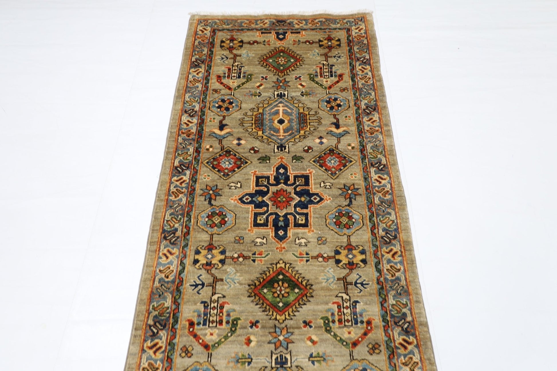 81 x 487 cm | Oriental Floral Gray Large Runner Rug Afghan Hand Knotted Veg Dye Wool carpet - ART WOOL CARPET