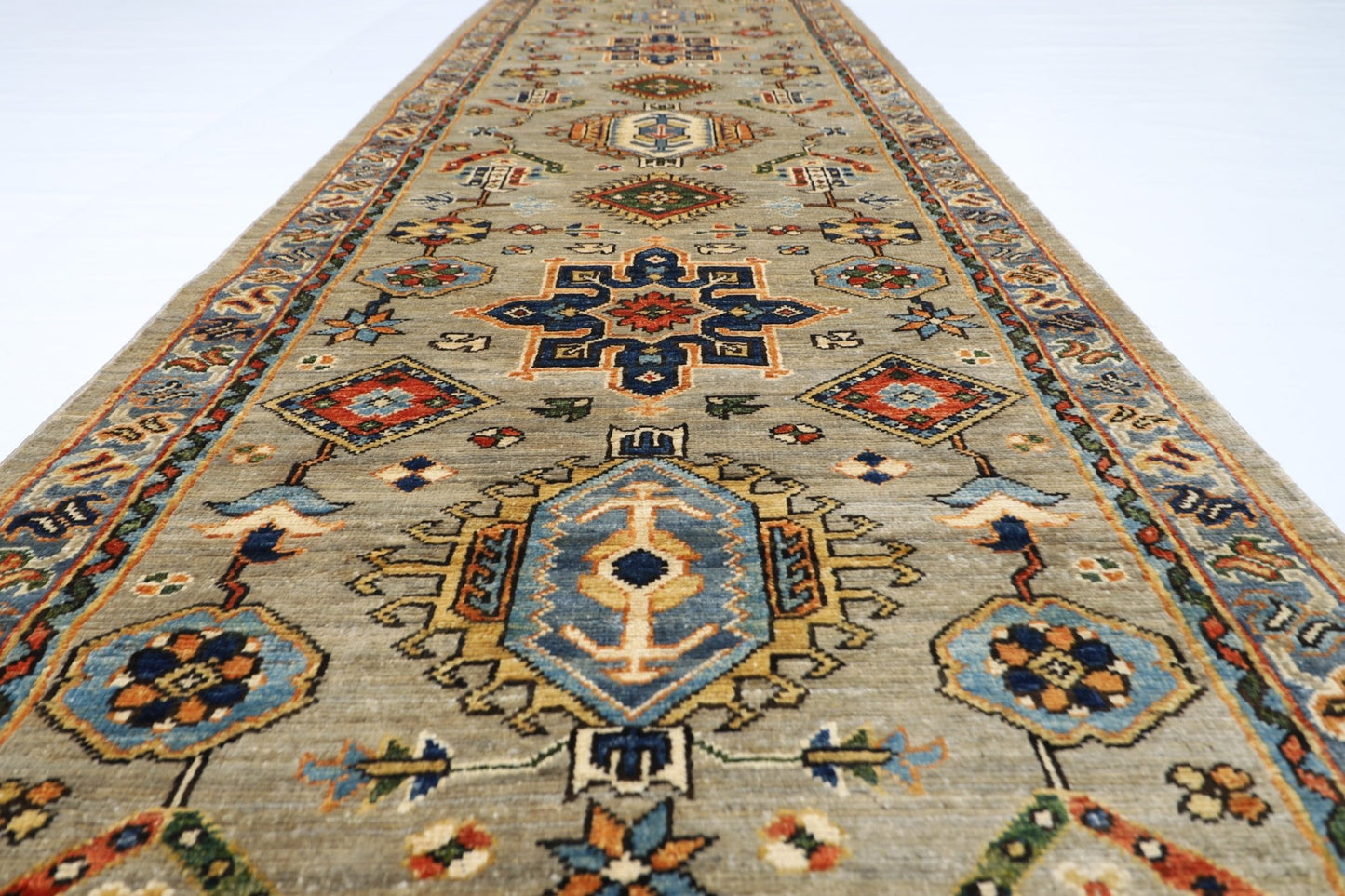 81 x 487 cm | Oriental Floral Gray Large Runner Rug Afghan Hand Knotted Veg Dye Wool carpet - ART WOOL CARPET