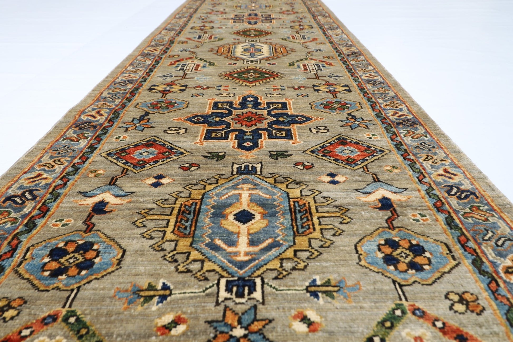 81 x 487 cm | Oriental Floral Gray Large Runner Rug Afghan Hand Knotted Veg Dye Wool carpet - ART WOOL CARPET