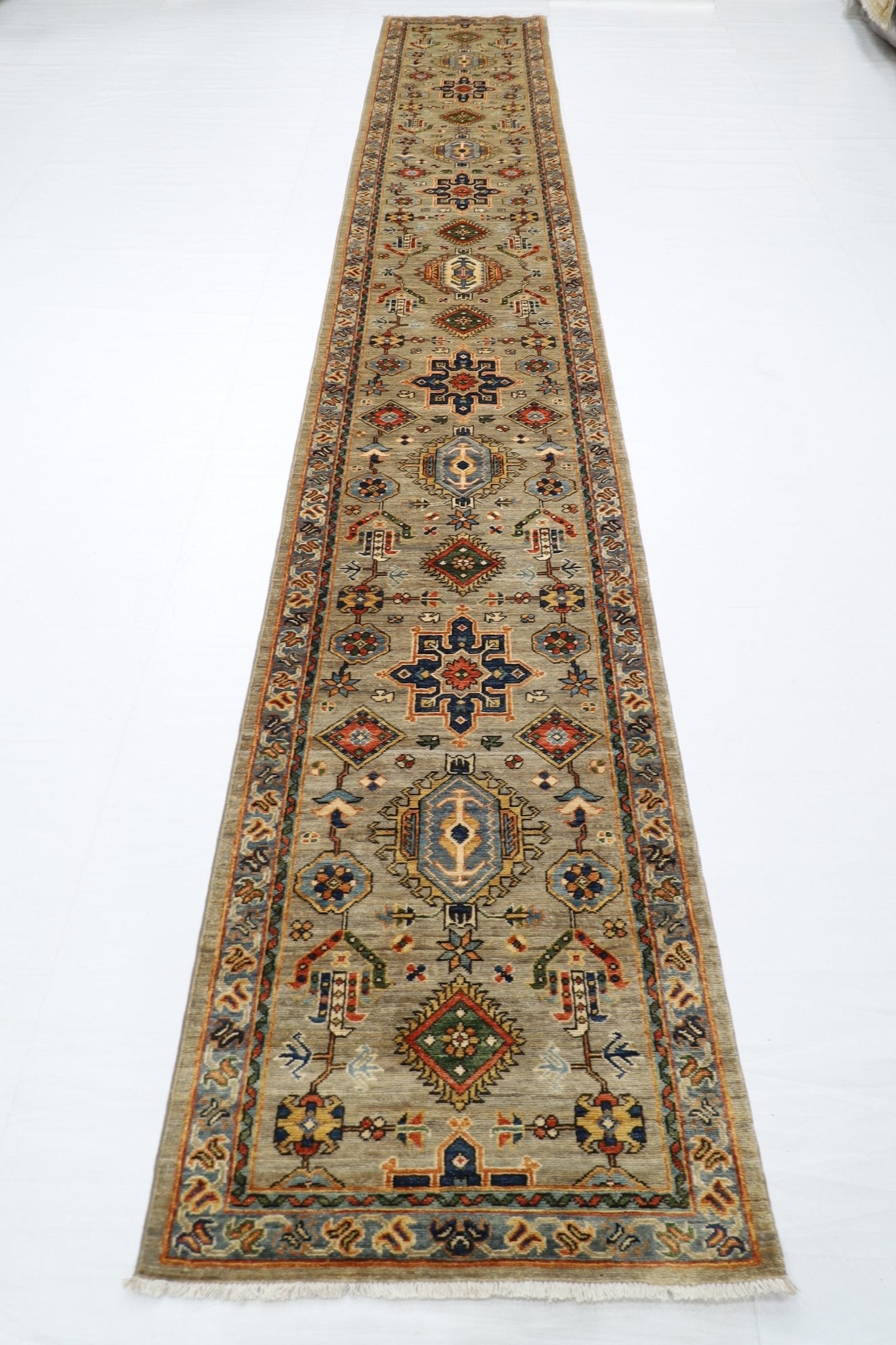 81 x 487 cm | Oriental Floral Gray Large Runner Rug Afghan Hand Knotted Veg Dye Wool carpet - ART WOOL CARPET