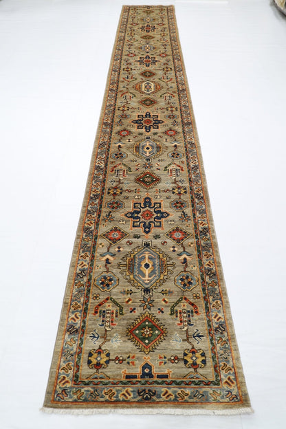 81 x 487 cm | Oriental Floral Gray Large Runner Rug Afghan Hand Knotted Veg Dye Wool carpet - ART WOOL CARPET