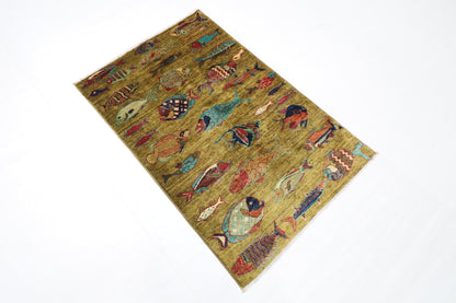 82 x 124 cm | Oriental Fish Accent Rug Afghan Hand Knotted Veg Dye Wool carpet - ART WOOL CARPET