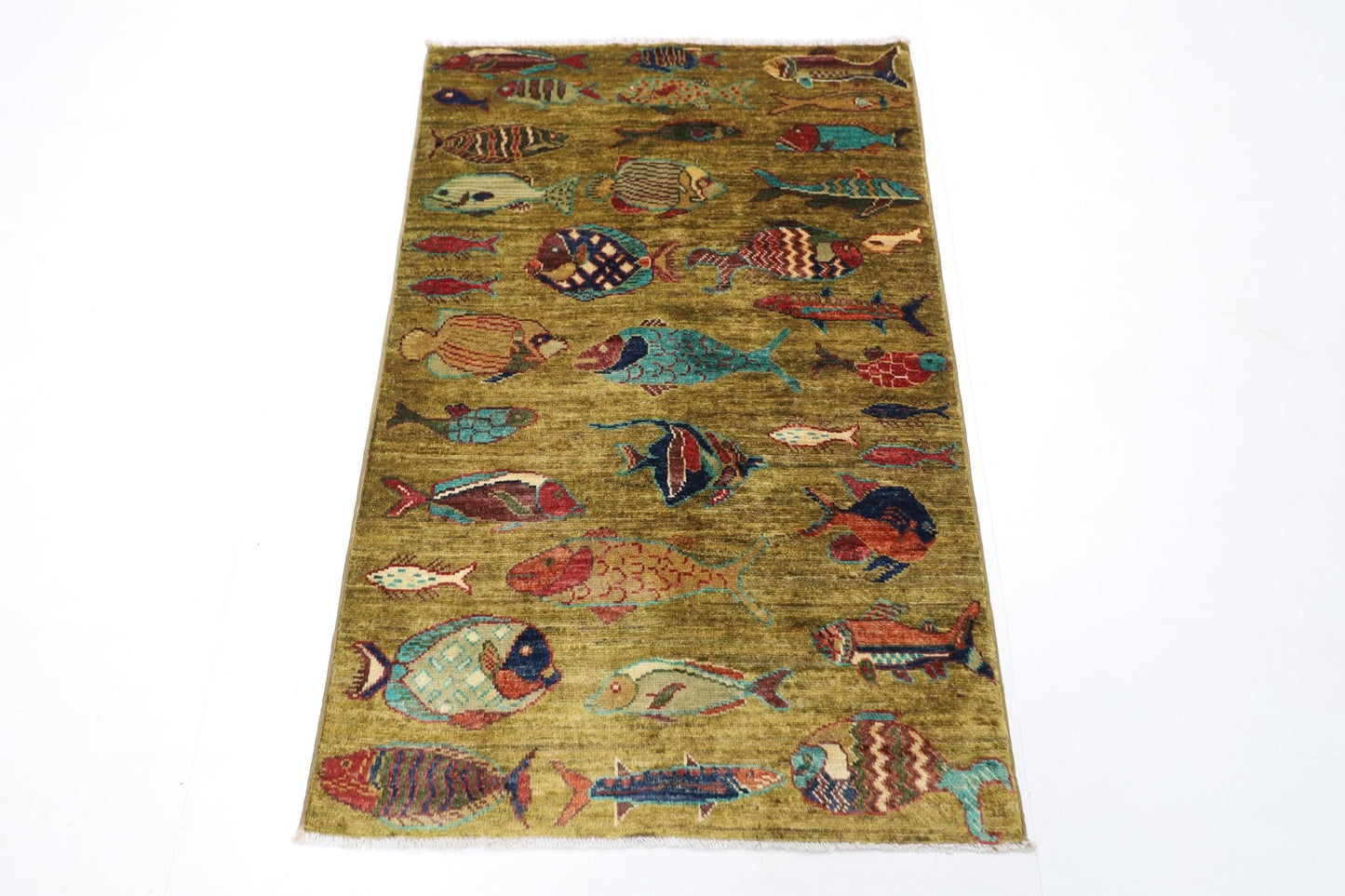 82 x 124 cm | Oriental Fish Accent Rug Afghan Hand Knotted Veg Dye Wool carpet - ART WOOL CARPET