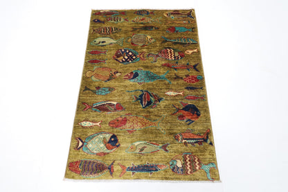 82 x 124 cm | Oriental Fish Accent Rug Afghan Hand Knotted Veg Dye Wool carpet - ART WOOL CARPET
