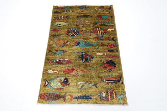 82 x 124 cm | Oriental Fish Accent Rug Afghan Hand Knotted Veg Dye Wool carpet - ART WOOL CARPET
