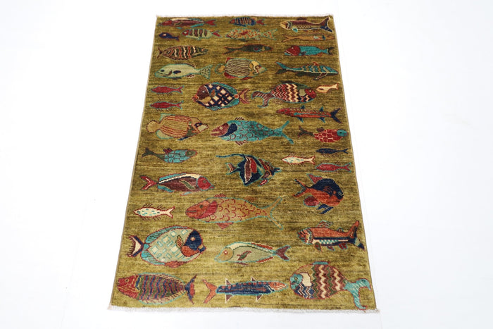 82 x 124 cm | Oriental Fish Accent Rug Afghan Hand Knotted Veg Dye Wool carpet