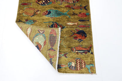82 x 124 cm | Oriental Fish Accent Rug Afghan Hand Knotted Veg Dye Wool carpet - ART WOOL CARPET