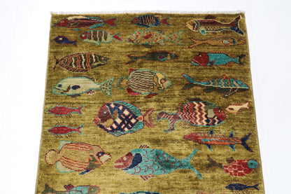 82 x 124 cm | Oriental Fish Accent Rug Afghan Hand Knotted Veg Dye Wool carpet - ART WOOL CARPET