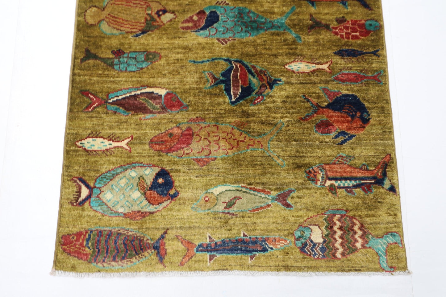82 x 124 cm | Oriental Fish Accent Rug Afghan Hand Knotted Veg Dye Wool carpet - ART WOOL CARPET