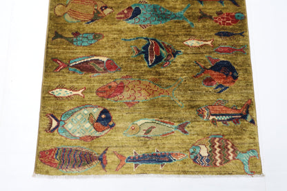 82 x 124 cm | Oriental Fish Accent Rug Afghan Hand Knotted Veg Dye Wool carpet - ART WOOL CARPET