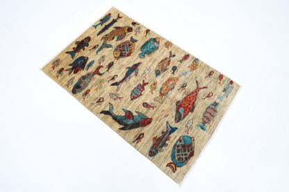 83 x 125 cm | Oriental Fish Accent Rug Afghan Hand Knotted Veg Dye Wool carpet - ART WOOL CARPET