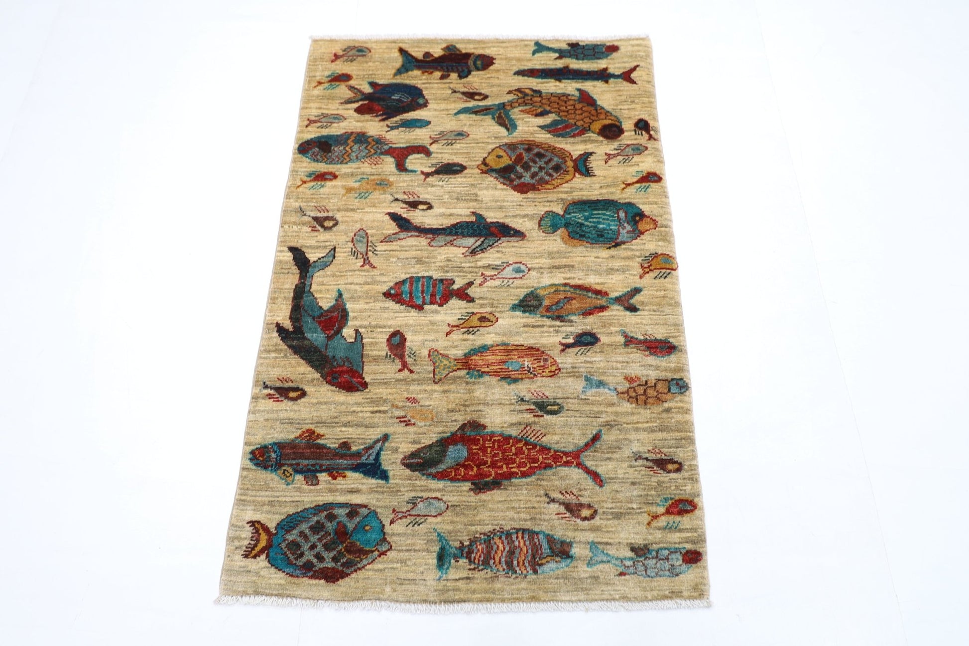 83 x 125 cm | Oriental Fish Accent Rug Afghan Hand Knotted Veg Dye Wool carpet - ART WOOL CARPET