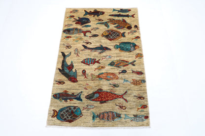 83 x 125 cm | Oriental Fish Accent Rug Afghan Hand Knotted Veg Dye Wool carpet - ART WOOL CARPET