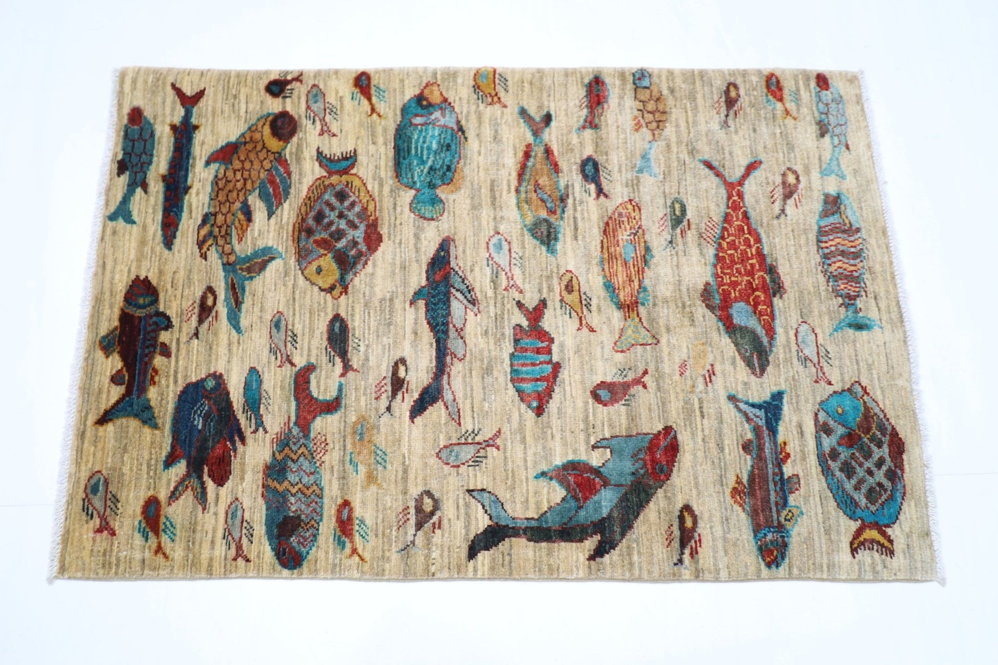 83 x 125 cm | Oriental Fish Accent Rug Afghan Hand Knotted Veg Dye Wool carpet - ART WOOL CARPET
