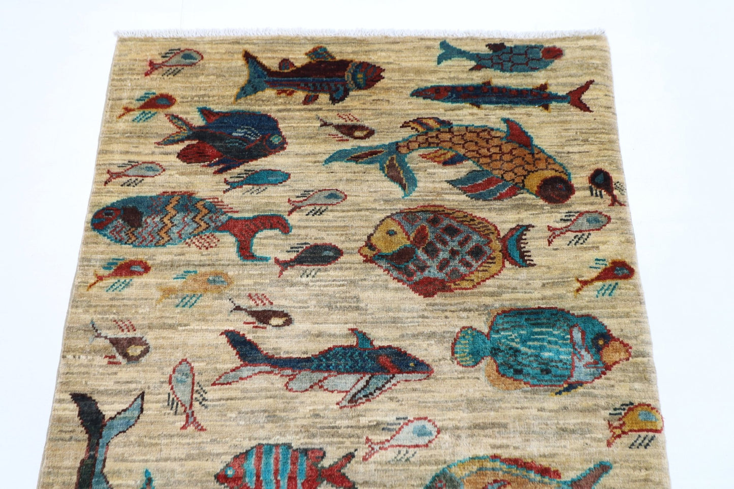 83 x 125 cm | Oriental Fish Accent Rug Afghan Hand Knotted Veg Dye Wool carpet - ART WOOL CARPET