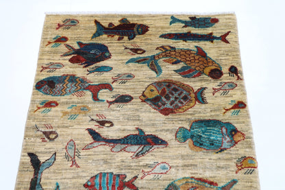 83 x 125 cm | Oriental Fish Accent Rug Afghan Hand Knotted Veg Dye Wool carpet - ART WOOL CARPET