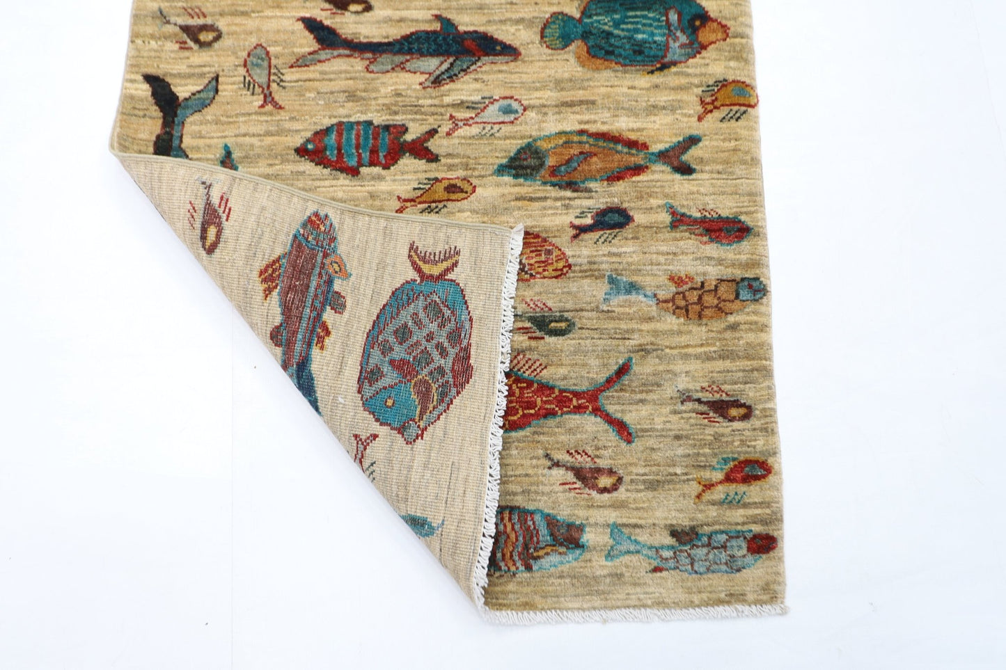 83 x 125 cm | Oriental Fish Accent Rug Afghan Hand Knotted Veg Dye Wool carpet - ART WOOL CARPET