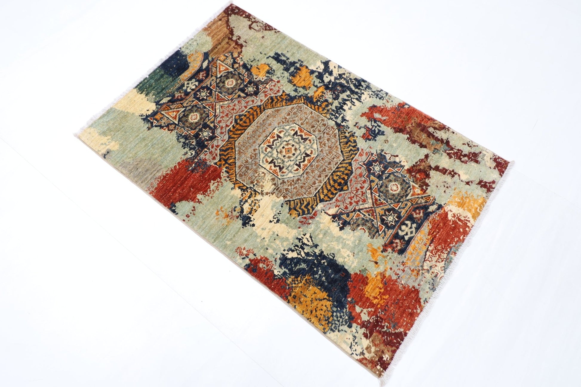 83 x 125 cm | Oriental Mamluk Abstract Rug Afghan Hand Knotted Veg Dye Wool carpet - ART WOOL CARPET