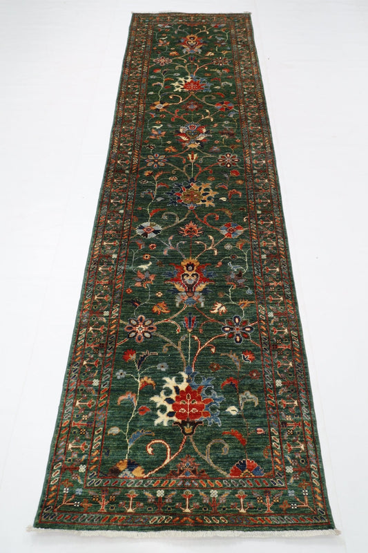 83 x 295 cm | Tribal Green Runner Rug Afghan Hand Knotted veg Dye Wool carpet - ART WOOL CARPET