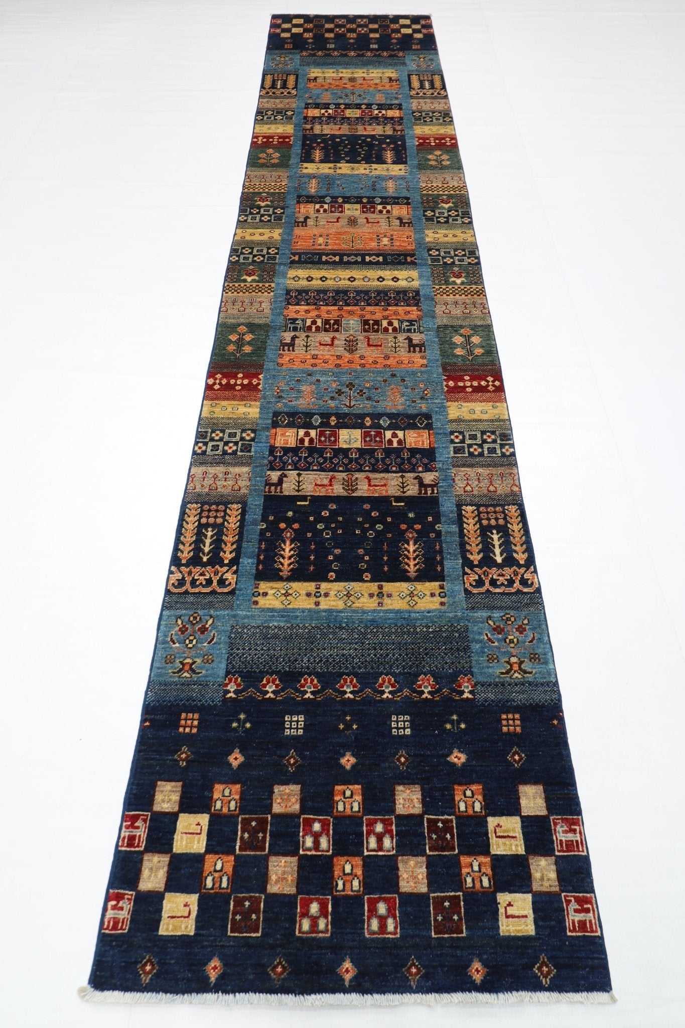 83 x 393 cm | Oriental Gabbeh Animal Runner Rug Afghan Hand Knotted Veg Dye Wool carpet - ART WOOL CARPET