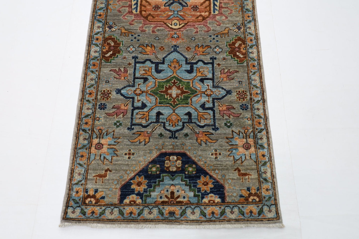 83 x 434 cm | Oriental Gray Runner Rug Afghan Hand Knotted Veg Dye Wool carpet - ART WOOL CARPET