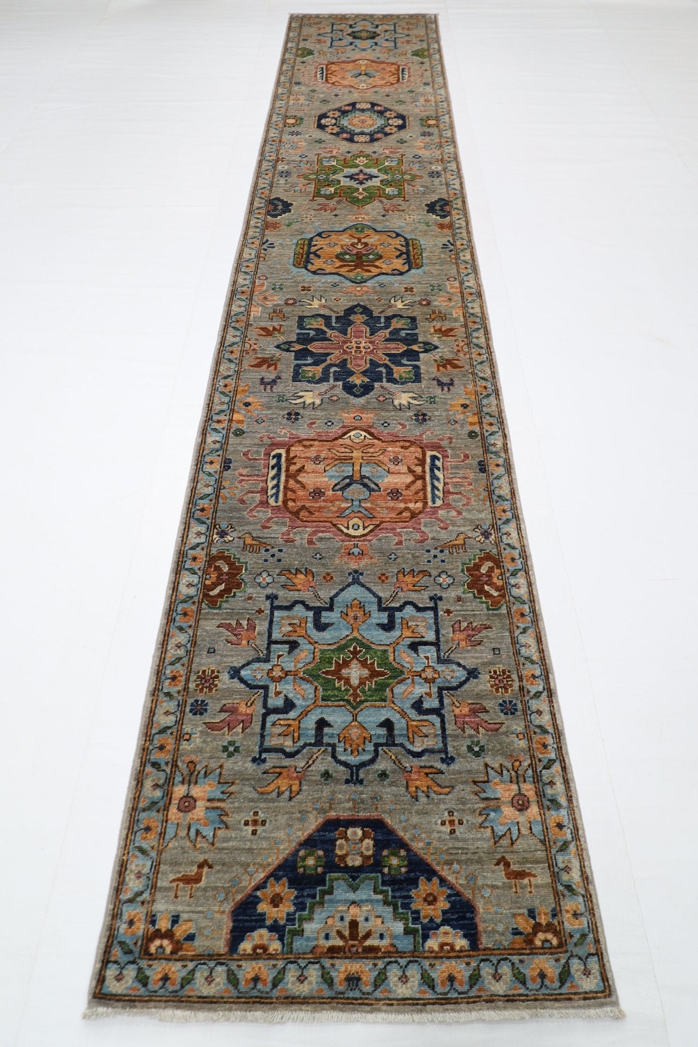 83 x 434 cm | Oriental Gray Runner Rug Afghan Hand Knotted Veg Dye Wool carpet - ART WOOL CARPET